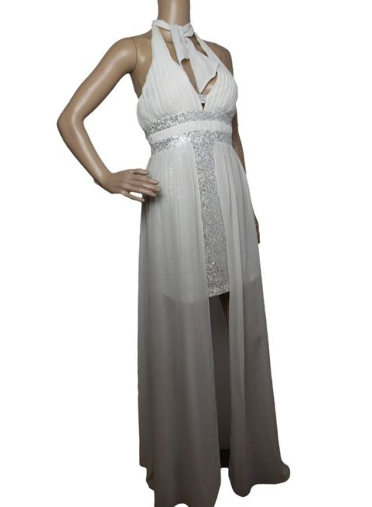 Women low high chiffon white soiree dress with silver sequins for party,event, & engagement wedding  occasions  - Image 1