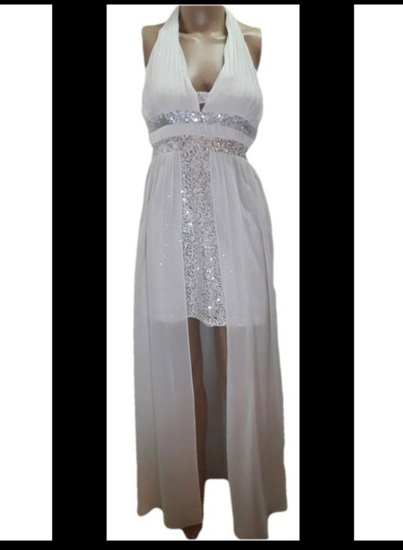 Women low high chiffon white soiree dress with silver sequins for party,event, & engagement wedding  occasions  - Image 2