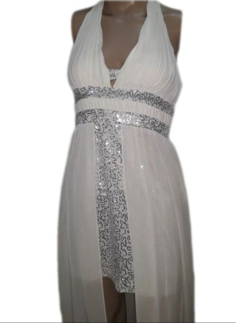 Women low high chiffon white soiree dress with silver sequins for party,event, & engagement wedding  occasions  - Image 3