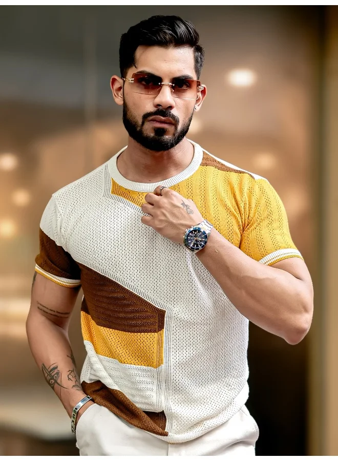 مانياك تيشيرت رجالي نصف كم قطن محبوك أبيض وخردلي