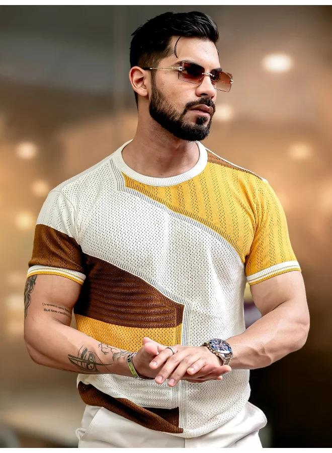 Maniac  Maniac Mens Half Sleeve White and Mustard Sheernet Flat Knit Cotton T-Shirt for Men | Best Price UAE