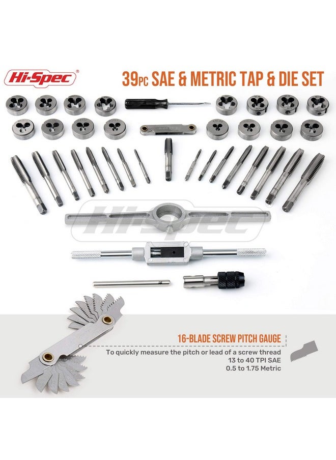 Hi-Spec - Hi-Spec 39 Piece SAE & Metric Tap & Die Set. Complete M3 to M12 / #4 to 1/2in Fine & Coarse Tools to Cut, Chase and Thread with Screw Pitch Gauge in a Tray Case - Image 1