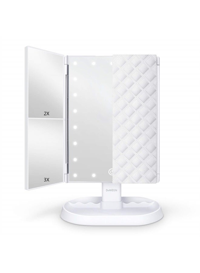 DeWEISN Trifold Lighted Vanity Makeup Mirror with 21 LEDs Lights,1x/2x/3x Magnification and Touch Screen Dimming,Two Power Supplies Makeup Mirror, Gift for Women - Image 1