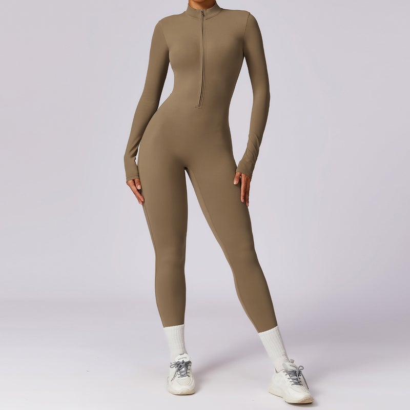 Zechuang European and American Zipper Nude-Feel Long Sleeve Yoga Jumpsuit High-Strength Fitness Sport Bodysuit 8306