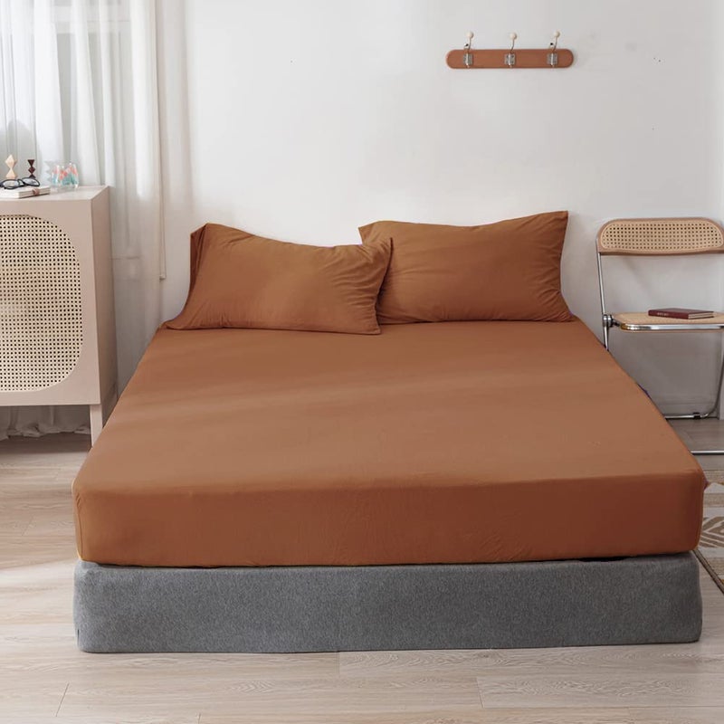 DONEUS Jersey Knit Cotton Fitted Sheet 3 Piece Ultra Soft Wrinkle Free and Breathable 15 Inches Deep Pocket Elastic Sheets with 2 Pillowcases Solid Burnt Orange King