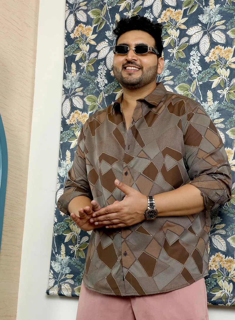 Instafab Plus Instafab Plus Men's Peanut Brown Block-Geometric Jacquard Shirt | Spread Collar , Short Cuffed Sleeves , Button Closure , Curved Hemline | Geometric Jacquard Cotton-Blend For Evening & Party Wear