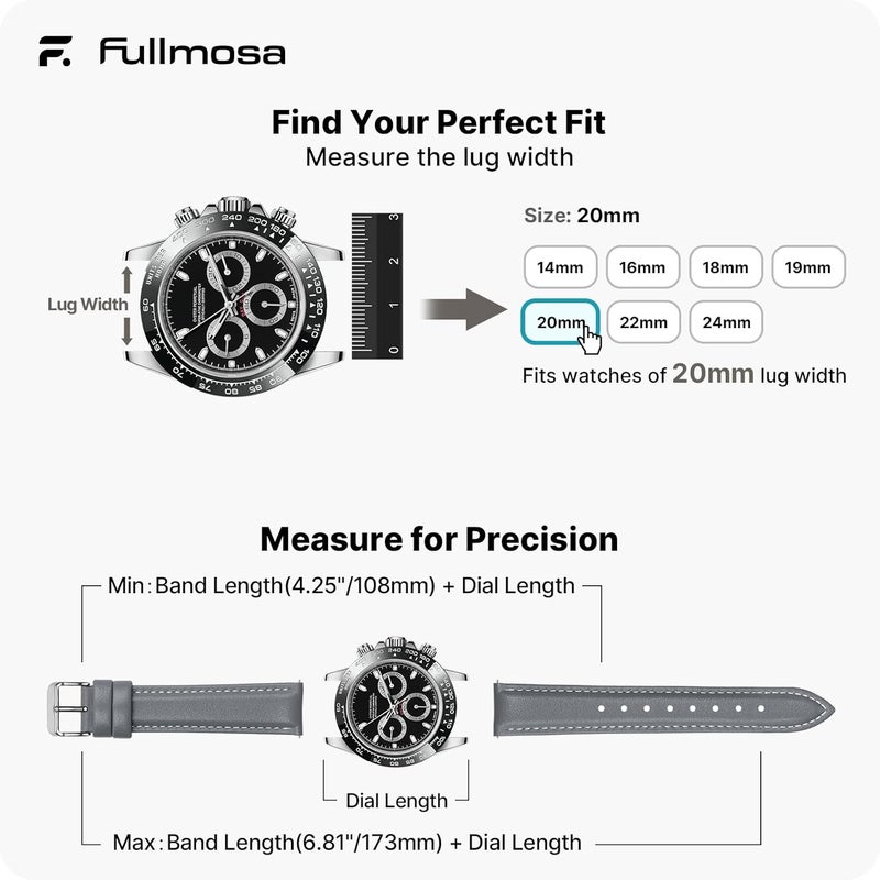 Fullmosa Watch Strap 20mm 18mm 19mm 22mm 24mm,Axus Genuine Leather Watch Band with Quick Release for Men Women,20mm Grey - Image 5