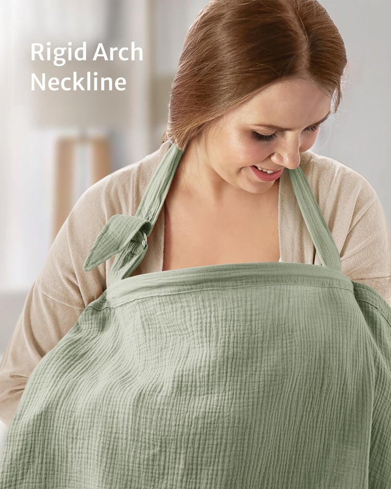 Blissful Diary Muslin Nursing Cover for Breastfeeding, Breathable Breastfeeding Cover up with Arch Neckline for Women, Nursing Apron(Sage Green) - Image 4