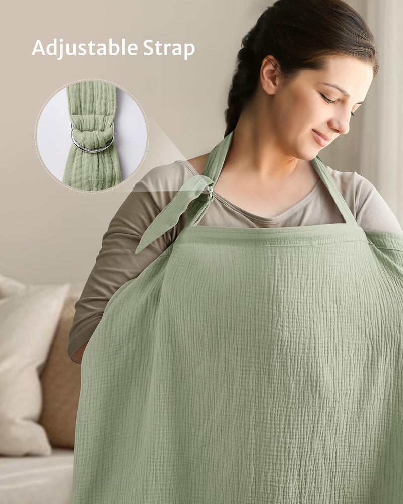 Blissful Diary Muslin Nursing Cover for Breastfeeding, Breathable Breastfeeding Cover up with Arch Neckline for Women, Nursing Apron(Sage Green) - Image 5