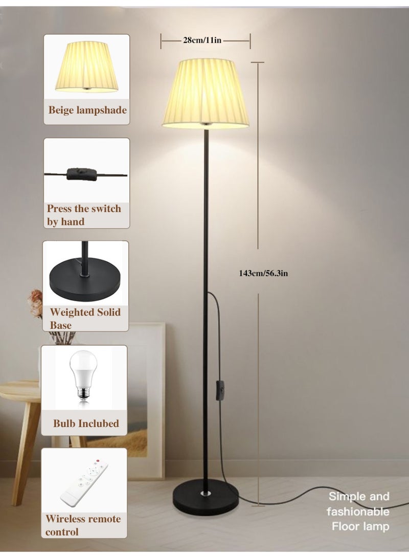 صن سباير مصباح أرضي بمقاس 56 بوصة لغرفة المعيشة وغرفة النوم، مصباح وقوف بظل بيج مطوي، مصباح أمامي طويل، لمبة درجة حرارة ثلاثية الألوان 7 واط، تحكم عن بعد ومفتاح مزدوج بالضغط اليدوي، أسود - Image 3