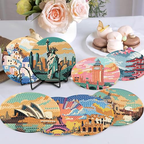 NEGEKFKX 8 Pcs Famous buildings Diamond Art Painting Coasters Kits,Landscape Coaster with Holder for Adults, Non-Slip DIY Dot Paint Craft Kits,5D Full Drill DIY Diamond Dot Gem Art Kit Home Decor Arts Craft - Image 2