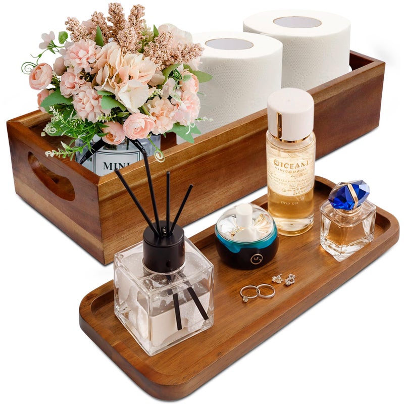 DEMIGO Handmade Toilet Tank Basket Topper  Vanity Tray Set of Natural Acacia Wood by DEMIGO Created by Skilled Artisans Smooth Durable Attractive Decor for Bathroom Kitchen Home Spa 