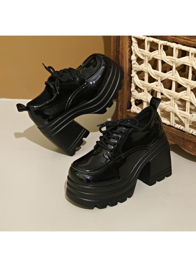 Women's Black Patent Platform Lace-Up Chunky Heel Shoes - Image 1