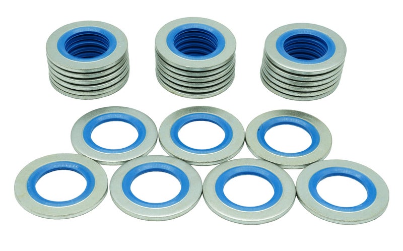 Dsnaduo 25PCS Blue Metal/Rubber Drain Plug Gasket, Fits 1/2Do, 9/16, M14 Replace 097-025, 65269, 097-828CD, E0FZ-6734-A, E3DZ-6734-A, E9DZ-6734-B, F3DZ-6734-A, F77Z-6734-AB, ZZL0-10-403A (24.7x13.5mm)