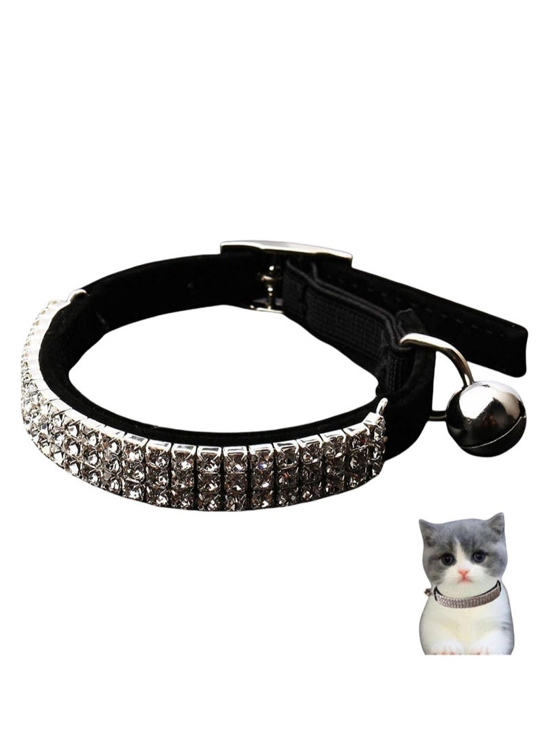 RTYY Adjustable Cat Collar Small Dog Anti-suffocation Collar with Bell Rhinestone Soft Velvet Pet Cat or Small Dog Necklace Black - Image 1