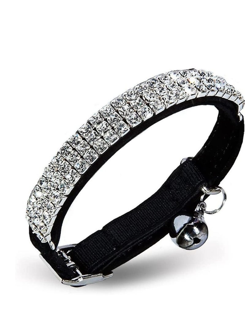 RTYY Adjustable Cat Collar Small Dog Anti-suffocation Collar with Bell Rhinestone Soft Velvet Pet Cat or Small Dog Necklace Black - Image 5