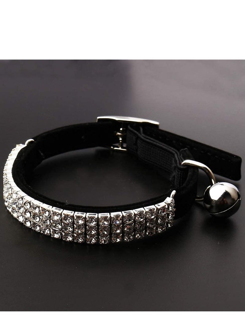RTYY Adjustable Cat Collar Small Dog Anti-suffocation Collar with Bell Rhinestone Soft Velvet Pet Cat or Small Dog Necklace Black - Image 2