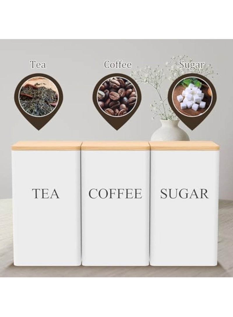Arabest 3 Pcs Coffee Tea Sugar Container Set, 1000 ml Vintage Kitchen Canister Set with Bamboo Lids, Metal Food Storage Container Jars for Kitchen Counter, Farmhouse Decor (White) - Image 5
