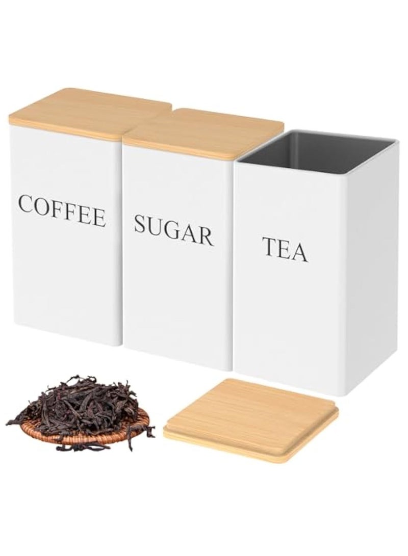 Arabest 3 Pcs Coffee Tea Sugar Container Set, 1000 ml Vintage Kitchen Canister Set with Bamboo Lids, Metal Food Storage Container Jars for Kitchen Counter, Farmhouse Decor (White) - Image 1