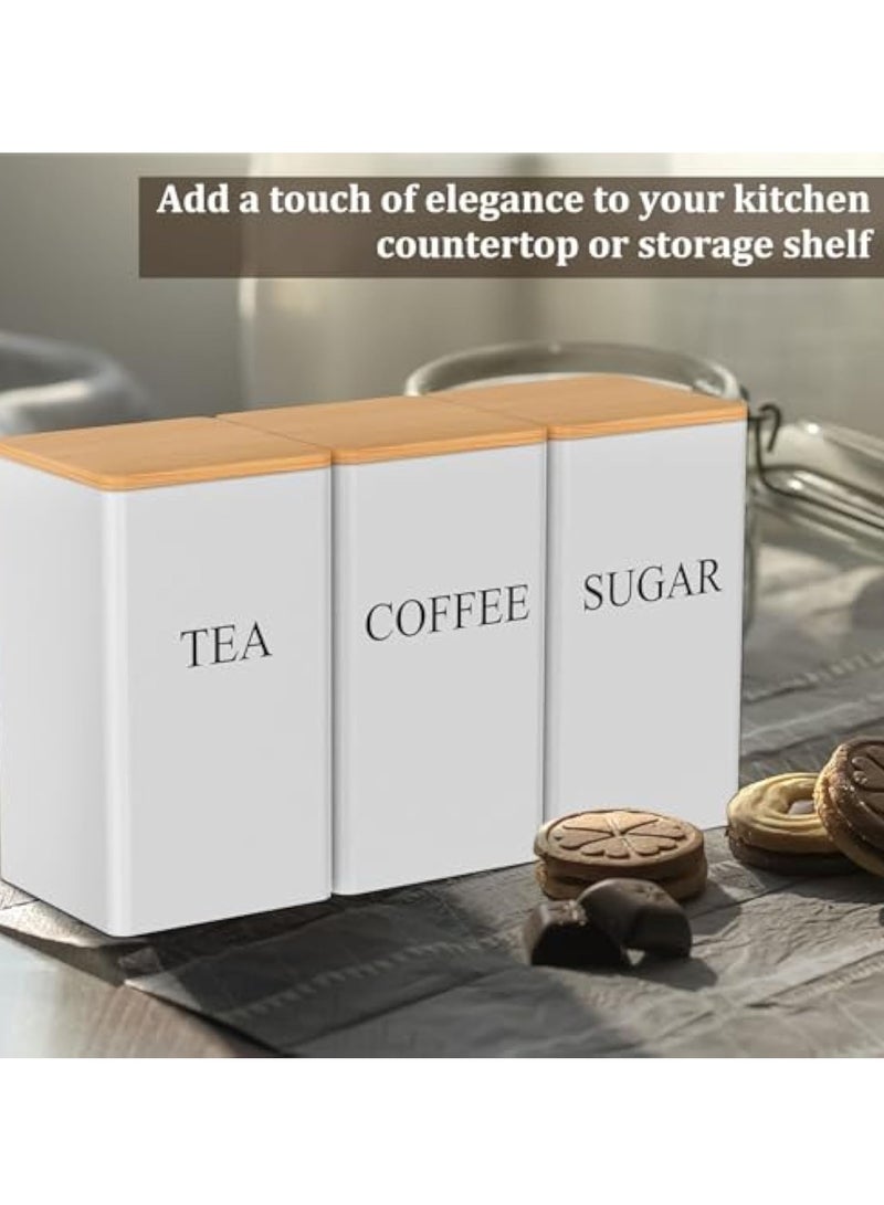 Arabest 3 Pcs Coffee Tea Sugar Container Set, 1000 ml Vintage Kitchen Canister Set with Bamboo Lids, Metal Food Storage Container Jars for Kitchen Counter, Farmhouse Decor (White) - Image 3