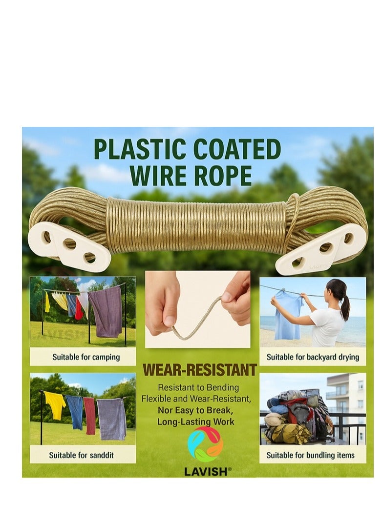 لافيش حبل غسيل لافيش | حبل سلكي مطلي بمادة البولي فينيل كلوريد بطول 30 مترًا | حبل غسيل متين من الفولاذ المقاوم للصدأ | مقاوم للصدأ والترهل | مزود بمشابك تعليق | للاستخدام في المنزل، والشرفة، والأنشطة الخارجية، والتخييم - Image 1