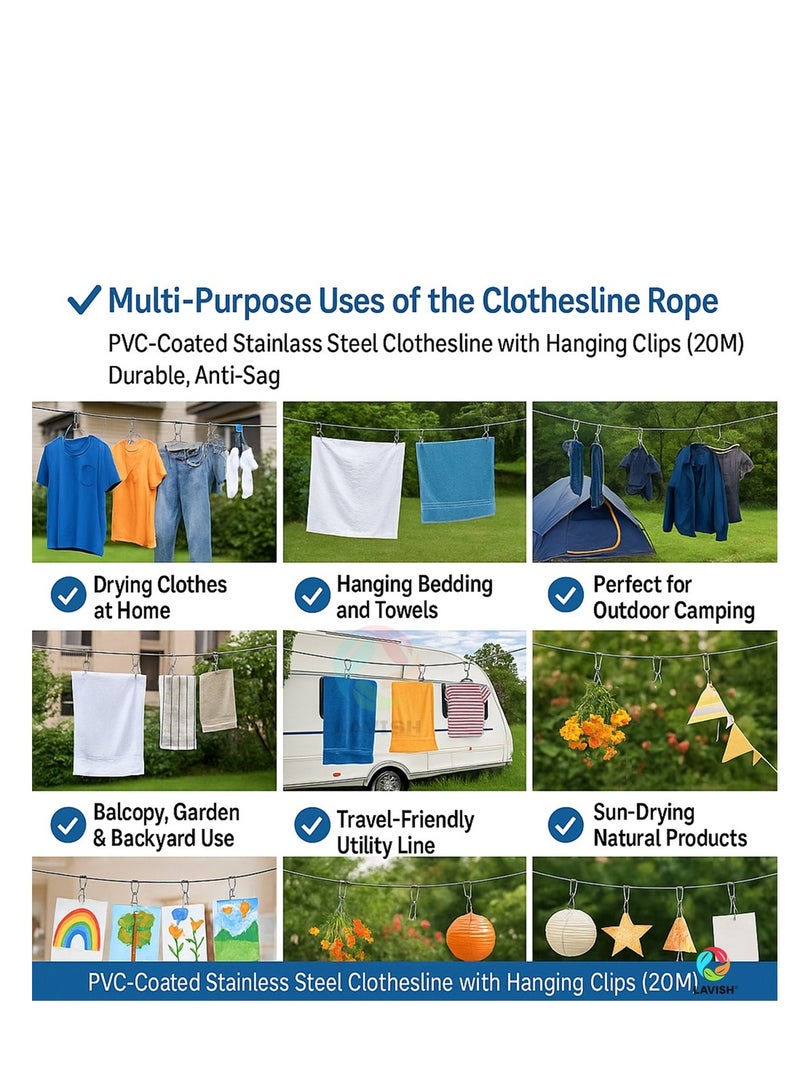 لافيش حبل غسيل لافيش | حبل سلكي مطلي بمادة البولي فينيل كلوريد بطول 30 مترًا | حبل غسيل متين من الفولاذ المقاوم للصدأ | مقاوم للصدأ والترهل | مزود بمشابك تعليق | للاستخدام في المنزل، والشرفة، والأنشطة الخارجية، والتخييم - Image 5