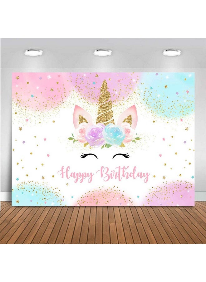 Mocsicka Rainbow Unicorn Backdrop Happy Birthday Party Decorations For Girls Watercolor Floral Glitter Stars Dots Unicorncake Table Banner Supplies Studio Props (5X3Ft)  - Image 1