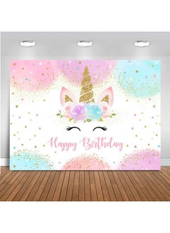 Mocsicka Rainbow Unicorn Backdrop Happy Birthday Party Decorations For Girls Watercolor Floral Glitter Stars Dots Unicorncake Table Banner Supplies Studio Props (5X3Ft)  - Image 2
