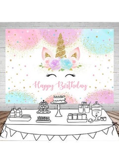 Mocsicka Rainbow Unicorn Backdrop Happy Birthday Party Decorations For Girls Watercolor Floral Glitter Stars Dots Unicorncake Table Banner Supplies Studio Props (5X3Ft)  - Image 3