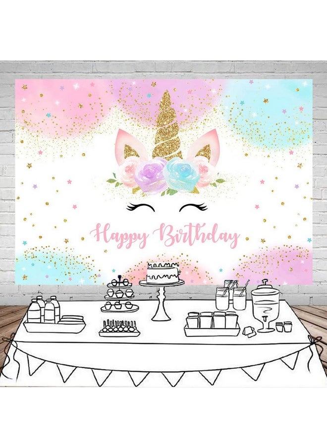 Mocsicka Rainbow Unicorn Backdrop Happy Birthday Party Decorations For Girls Watercolor Floral Glitter Stars Dots Unicorncake Table Banner Supplies Studio Props (5X3Ft)  - Image 3
