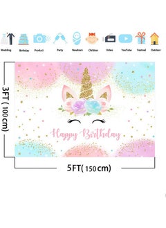 Mocsicka Rainbow Unicorn Backdrop Happy Birthday Party Decorations For Girls Watercolor Floral Glitter Stars Dots Unicorncake Table Banner Supplies Studio Props (5X3Ft)  - Image 5