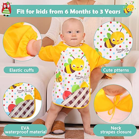BabyGo Long Sleeve Baby Bibs | Washable Waterproof Feeding Smock Apron for Infants & Toddlers (6–24M), Soft, Reusable & Easy-to-Clean Meal Time Baby Bibs | Set of 2 (Multicolor) - Image 5