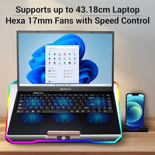 ZEBRONICS NC6500D Laptop Cooling Pad with Support up to 17 inch (43.18 cm) Laptops, Hexa Fans, Speed Control, RGB LED, Detachable Mobile Holder, 5 Step Retractable Stand, Built in USB Ports (Silver) - Image 5