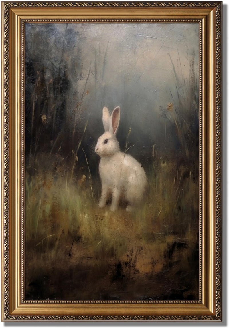 KBKBART Vintage Framed Wall Art for Living Room Dark Academia Decor Wild Hare Rabbit Vintage Oil Painting Retro Animal Bunny Canvas Art Prints Gold Framed Artwork for Dark Cottagecore Wall Decor 16x24 - Image 2
