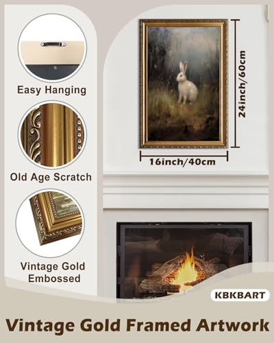 KBKBART Vintage Framed Wall Art for Living Room Dark Academia Decor Wild Hare Rabbit Vintage Oil Painting Retro Animal Bunny Canvas Art Prints Gold Framed Artwork for Dark Cottagecore Wall Decor 16x24 - Image 3