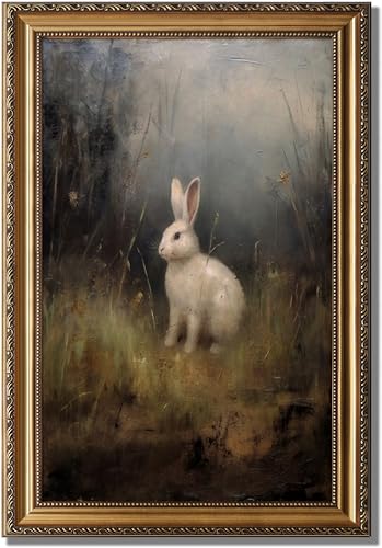 KBKBART Vintage Framed Wall Art for Living Room Dark Academia Decor Wild Hare Rabbit Vintage Oil Painting Retro Animal Bunny Canvas Art Prints Gold Framed Artwork for Dark Cottagecore Wall Decor 16x24 - Image 1
