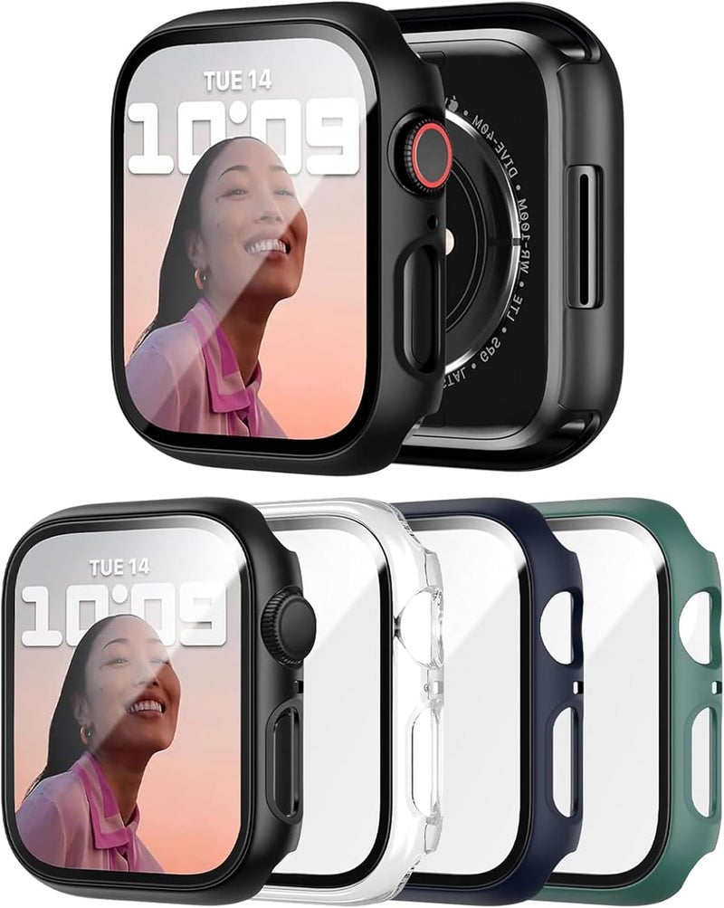 LYAROMIS عبوة مكونة من 4 حالات لساعة Apple Watch، غطاء واقي مقاوم للصدمات مزود بحامي شاشة من الزجاج المقوى، مناسب للسلسلات 9/8/7/SE/6/5/4/3/2/1 (الألوان: أسود، شفاف، أزرق داكن، أخضر داكن، 42 مم) - Image 1