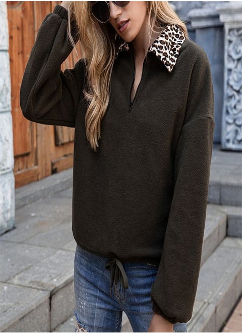 Leopard lapel drawcord Coat Brown