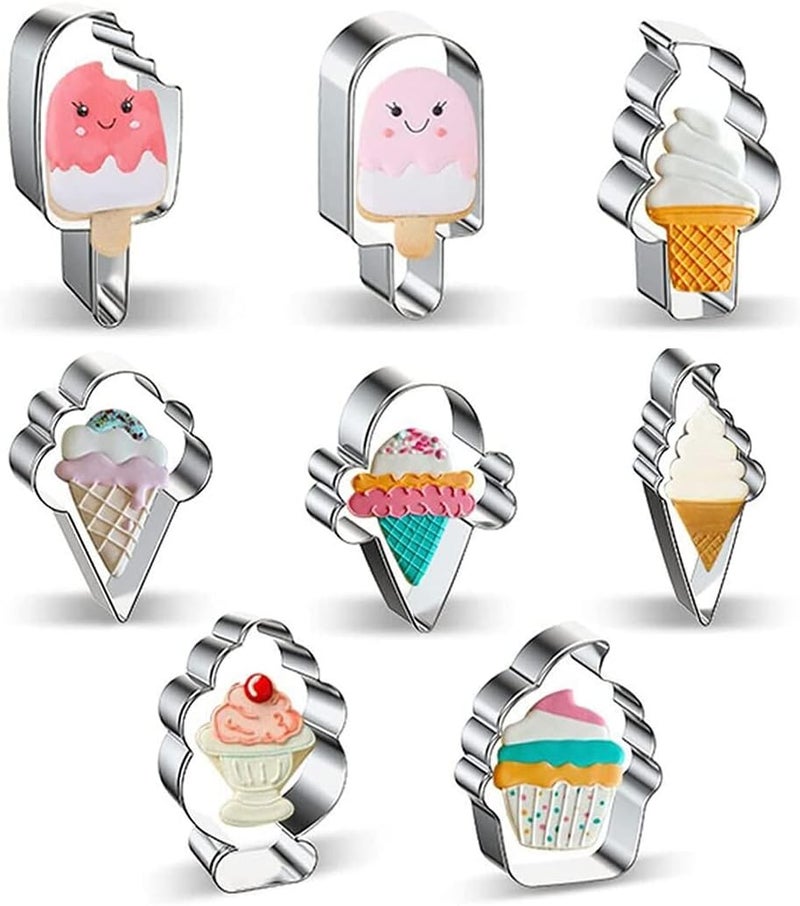 Zade Ice Cream Cookie Cutters 8-Pc. Set, Ice Cream Cutters Stainless Steel Fondant Cutters, Popsicle, Hard and Soft Serve Ice Cream Cone (Cartoon Cookie Cutters Set) - Image 1