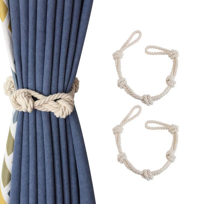 2 PACK BOHO COTTON CURTAIN TIEBACKS HAND KNITTING CURTAIN ROPE TIE BACK FARMHOUSE DECORATIVE CURTAIN HOLDBACKS WITH SINGLE BALL
