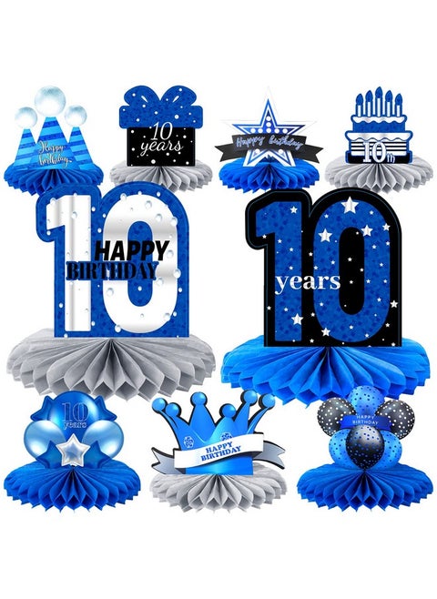 9 Pieces 10Th Blue Birthday Party Decorations For Boys Happy Birthday Table Decorations Birthday Honeycomb Table Centerpieces Cheers To 10 Years Birthday Table Topper For Birthday Photo Props