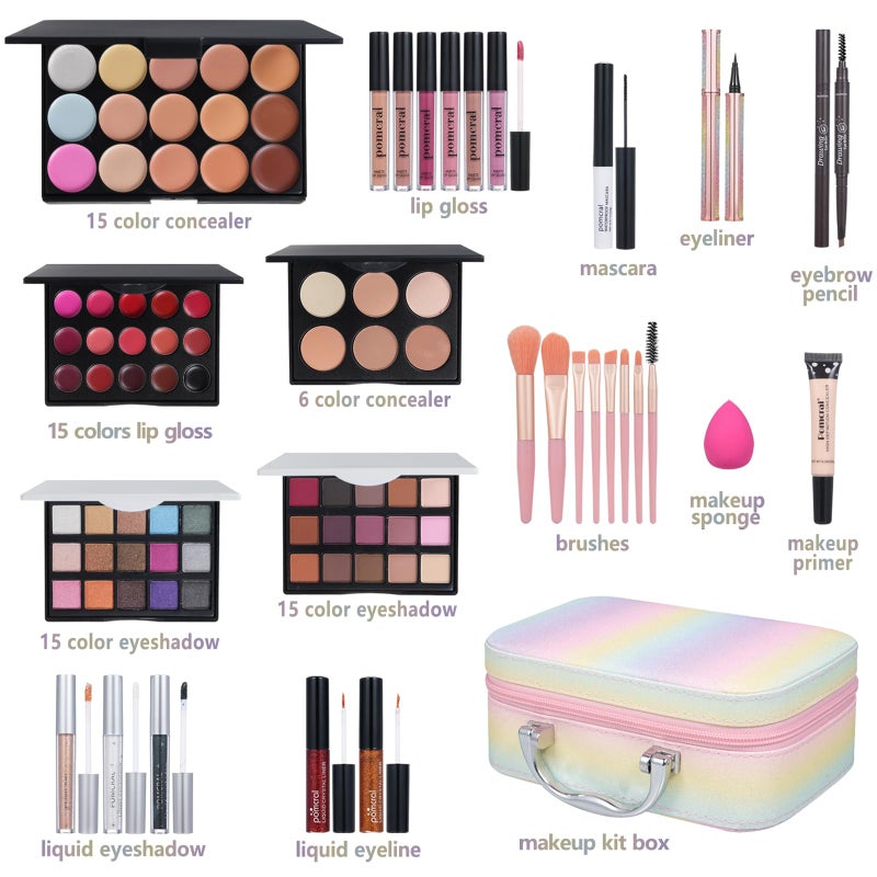 Pomcral All In On Makeup Kit Makeup Set For Teens, Women, Girl and Beginners Includes Eyeshadow Concealer Palette Lip Gloss Set Lipstick Eye Pencil Makeup Brushes - Image 2