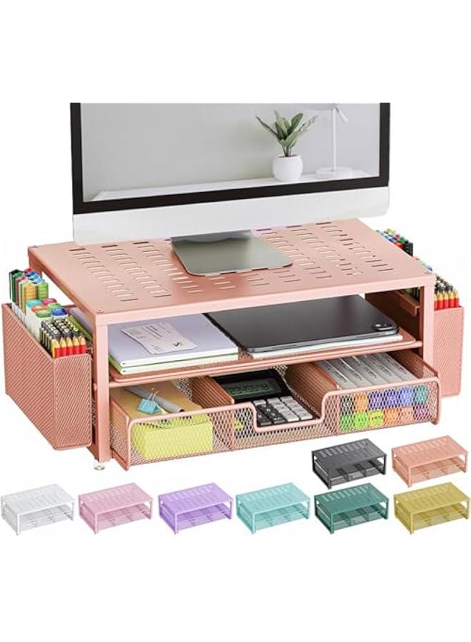 Arabest Desk Organizers and Accessories, Monitor Stand with Drawer and 2 Pen Holder, Desktop Organizer Suitable for Offices and Dormitories (Rose Gold) - Image 1