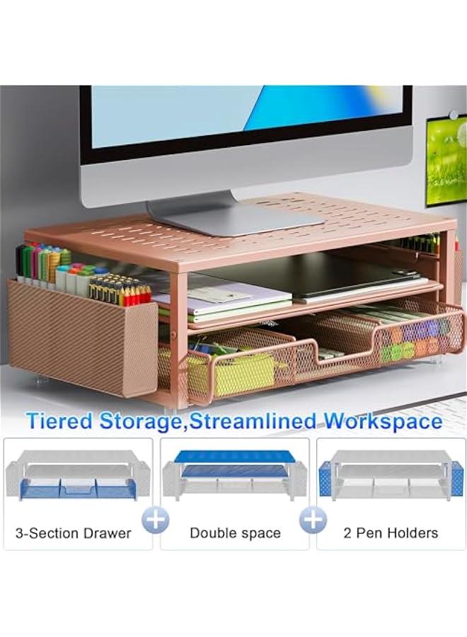 Arabest Desk Organizers and Accessories, Monitor Stand with Drawer and 2 Pen Holder, Desktop Organizer Suitable for Offices and Dormitories (Rose Gold) - Image 3