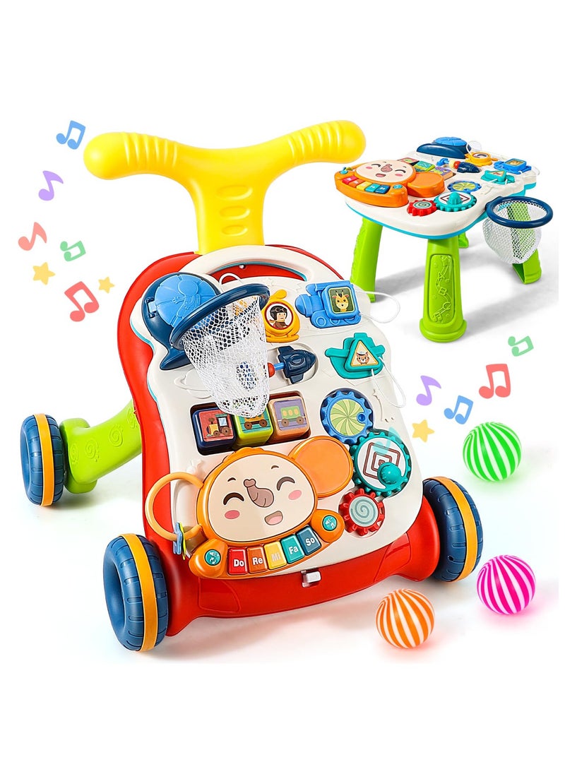 NNEWVANTE 3 in 1 Baby Push Walker and Activity Center for boy, Sit to Stand Walker for Babies 6-12 Months, Baby Walking Toys with Music Panel for Infants, Push Toys for Toddlers Learning to Walk Red  - Image 1