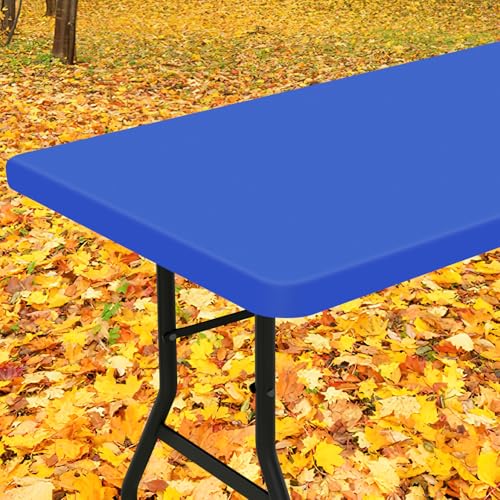Smiry Rectangle Tablecloth, Elastic Fitted Flannel Backed Vinyl Tablecloths for 6ft Folding Tables, Waterproof Wipeable Table Covers for Indoor, Outdoor, Picnic and Camping (Blue, 30"x72") - Image 1