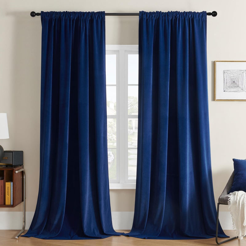 Joydeco Blue Velvet Curtains 90 inch Length 2 Panels Burg Set Luxury Rod Pocket Thermal Insulated Window Blackout Curtain Room Darkening Drapes for Living Dining Room Bedroom Privacy