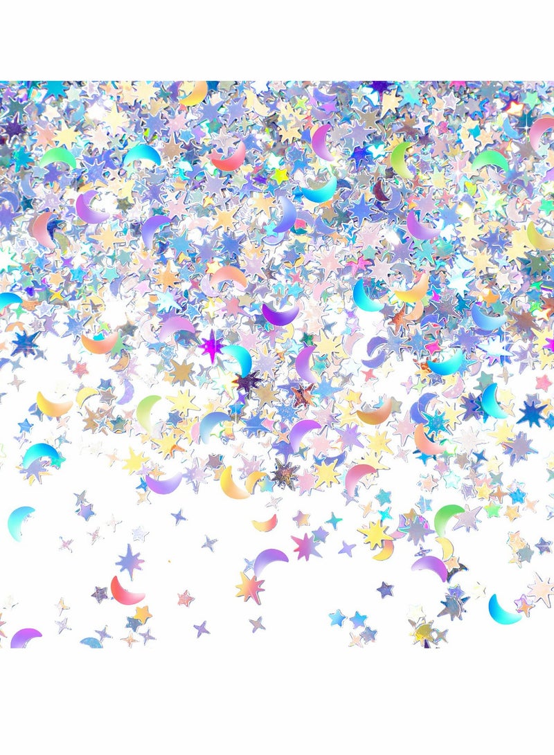 Zikra Holographic Star and Moon Table Confetti Iridescent Metallic Glitter Foil Confetti Sequin Star Moon Scatter for Birthday Wedding Festival Party DIY Decoration(3-10mm, 150g) - Image 1
