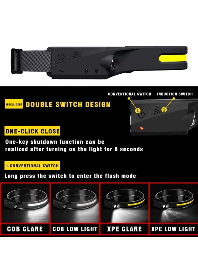 Rechargeable LED Headlamp Flashlight with 5 Modes & Motion Sensor – 350 Lumen, 230° Wide Beam, Waterproof, Induction Mode for Outdoor Activities, Running, Camping, Repairing – Durable & Hands-Free Lighting