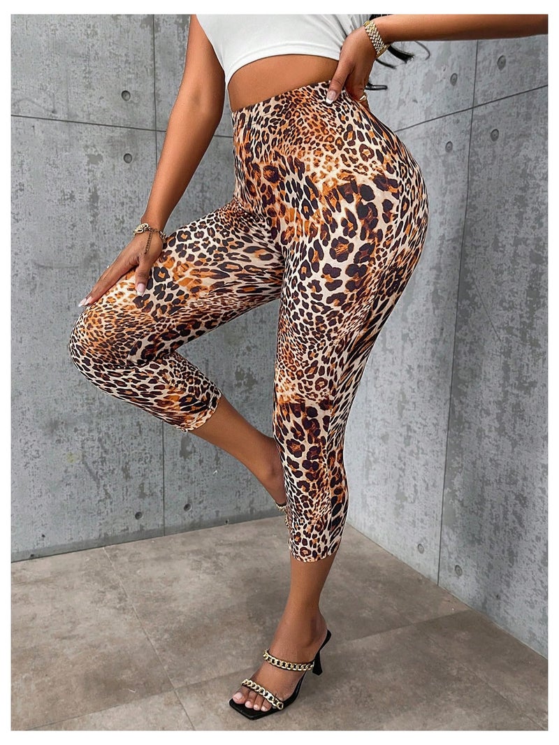 Floerns Women's Cheetah Leggings Yoga Tummy Control Workout Running Cropped Leggings Brown Large - Image 5